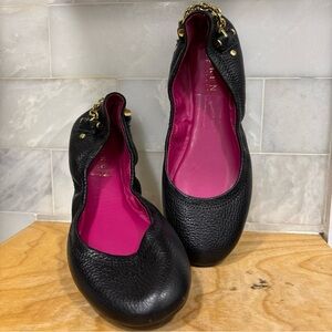 Ralph Lauren Barb Black Leather & Gold Chain Stretch Ballet Flat Shoes Size 6B